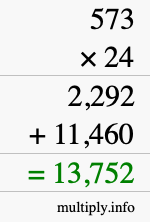 How to calculate 573 times 24 using long multiplication