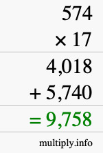 How to calculate 574 times 17 using long multiplication