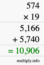 How to calculate 574 times 19 using long multiplication