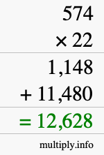 How to calculate 574 times 22 using long multiplication