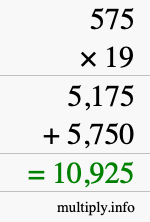 How to calculate 575 times 19 using long multiplication