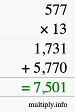 How to calculate 577 times 13 using long multiplication How to calculate 577 times 13 using long multiplication