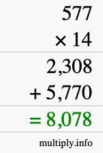 How to calculate 577 times 14 using long multiplication