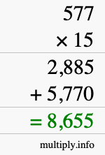 How to calculate 577 times 15 using long multiplication How to calculate 577 times 15 using long multiplication