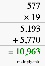How to calculate 577 times 19 using long multiplication