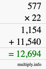 How to calculate 577 times 22 using long multiplication