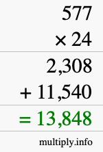 How to calculate 577 times 24 using long multiplication