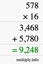 How to calculate 578 times 16 using long multiplication