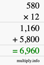 How to calculate 580 times 12 using long multiplication How to calculate 580 times 12 using long multiplication