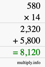 How to calculate 580 times 14 using long multiplication How to calculate 580 times 14 using long multiplication