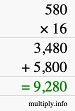 How to calculate 580 times 16 using long multiplication How to calculate 580 times 16 using long multiplication