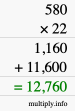 How to calculate 580 times 22 using long multiplication
