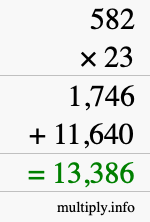 How to calculate 582 times 23 using long multiplication