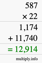 How to calculate 587 times 22 using long multiplication
