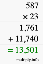 How to calculate 587 times 23 using long multiplication