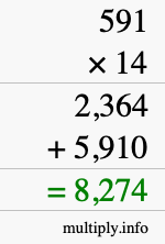 How to calculate 591 times 14 using long multiplication