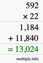 How to calculate 592 times 22 using long multiplication