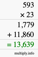 How to calculate 593 times 23 using long multiplication