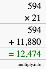 How to calculate 594 times 21 using long multiplication