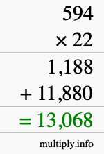 How to calculate 594 times 22 using long multiplication