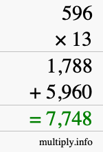 How to calculate 596 times 13 using long multiplication
