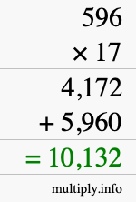 How to calculate 596 times 17 using long multiplication