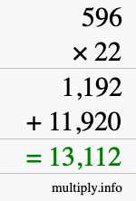 How to calculate 596 times 22 using long multiplication