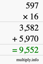 How to calculate 597 times 16 using long multiplication