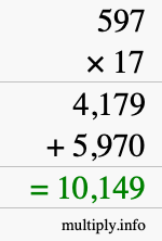 How to calculate 597 times 17 using long multiplication
