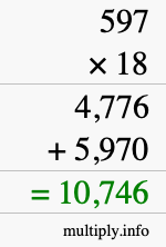 How to calculate 597 times 18 using long multiplication