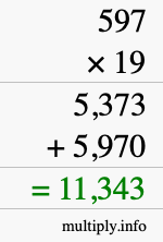 How to calculate 597 times 19 using long multiplication
