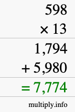How to calculate 598 times 13 using long multiplication How to calculate 598 times 13 using long multiplication
