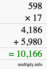How to calculate 598 times 17 using long multiplication