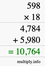 How to calculate 598 times 18 using long multiplication