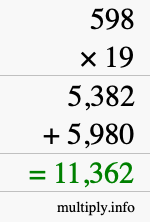 How to calculate 598 times 19 using long multiplication