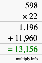 How to calculate 598 times 22 using long multiplication