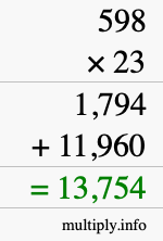 How to calculate 598 times 23 using long multiplication