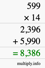 How to calculate 599 times 14 using long multiplication
