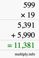 How to calculate 599 times 19 using long multiplication