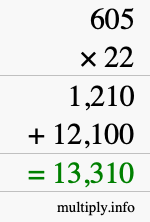 How to calculate 605 times 22 using long multiplication