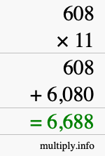 How to calculate 608 times 11 using long multiplication