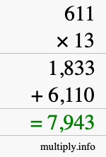 How to calculate 611 times 13 using long multiplication