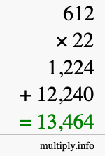 How to calculate 612 times 22 using long multiplication