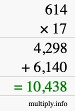 How to calculate 614 times 17 using long multiplication