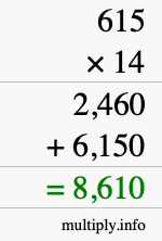 How to calculate 615 times 14 using long multiplication