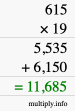 How to calculate 615 times 19 using long multiplication