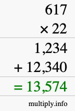 How to calculate 617 times 22 using long multiplication