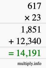How to calculate 617 times 23 using long multiplication