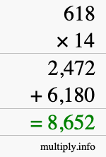 How to calculate 618 times 14 using long multiplication
