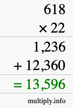 How to calculate 618 times 22 using long multiplication
